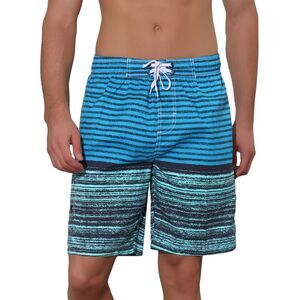 Men's Color Block Stripes Pattern Drawstring Waist Swimwear Shorts Light Blue